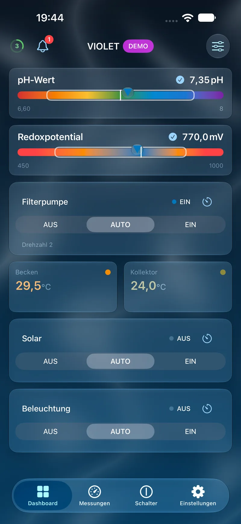 PoolPilot – Dashboard (VIOLET) auf iOS