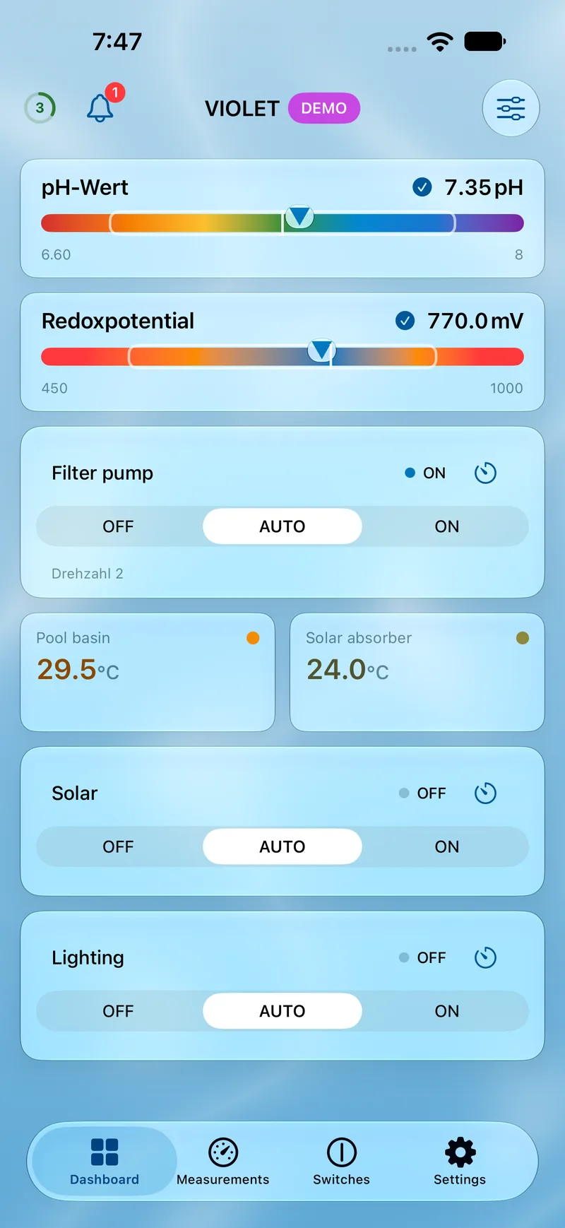 PoolPilot — Dashboard (VIOLET) on iOS