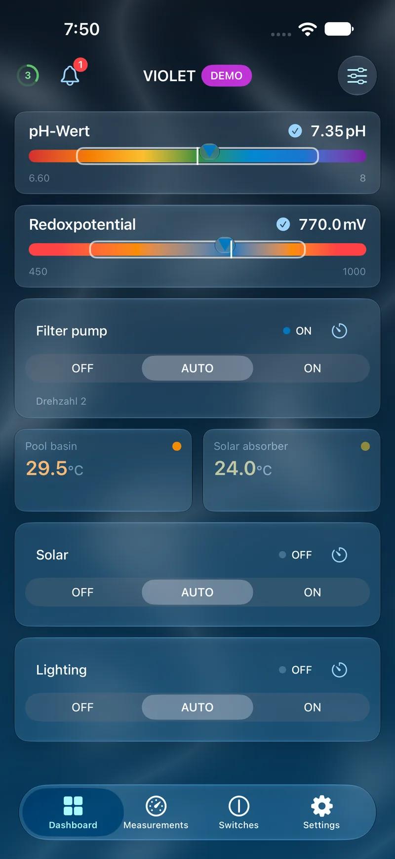 PoolPilot — Dashboard (VIOLET) on iOS