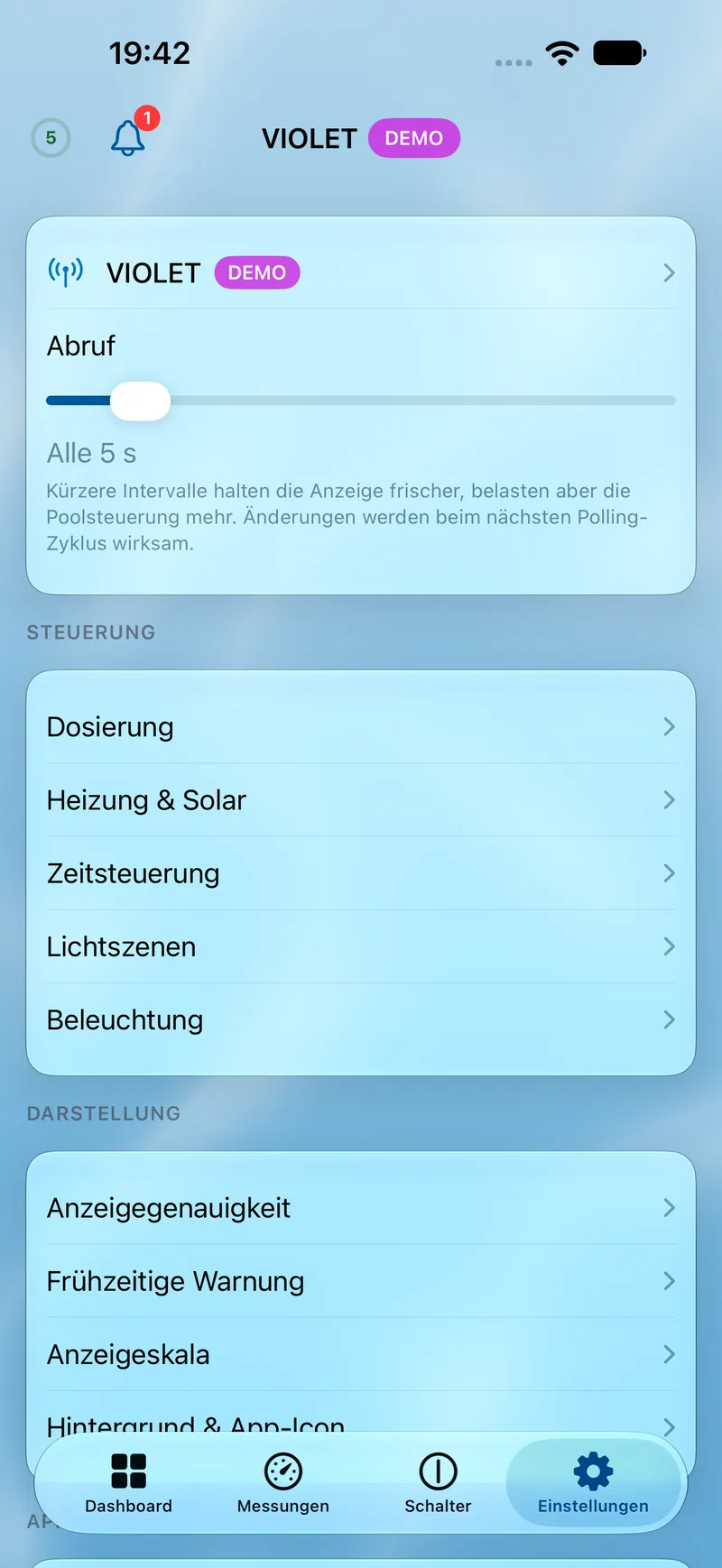 PoolPilot – Einstellungen (VIOLET) auf iOS