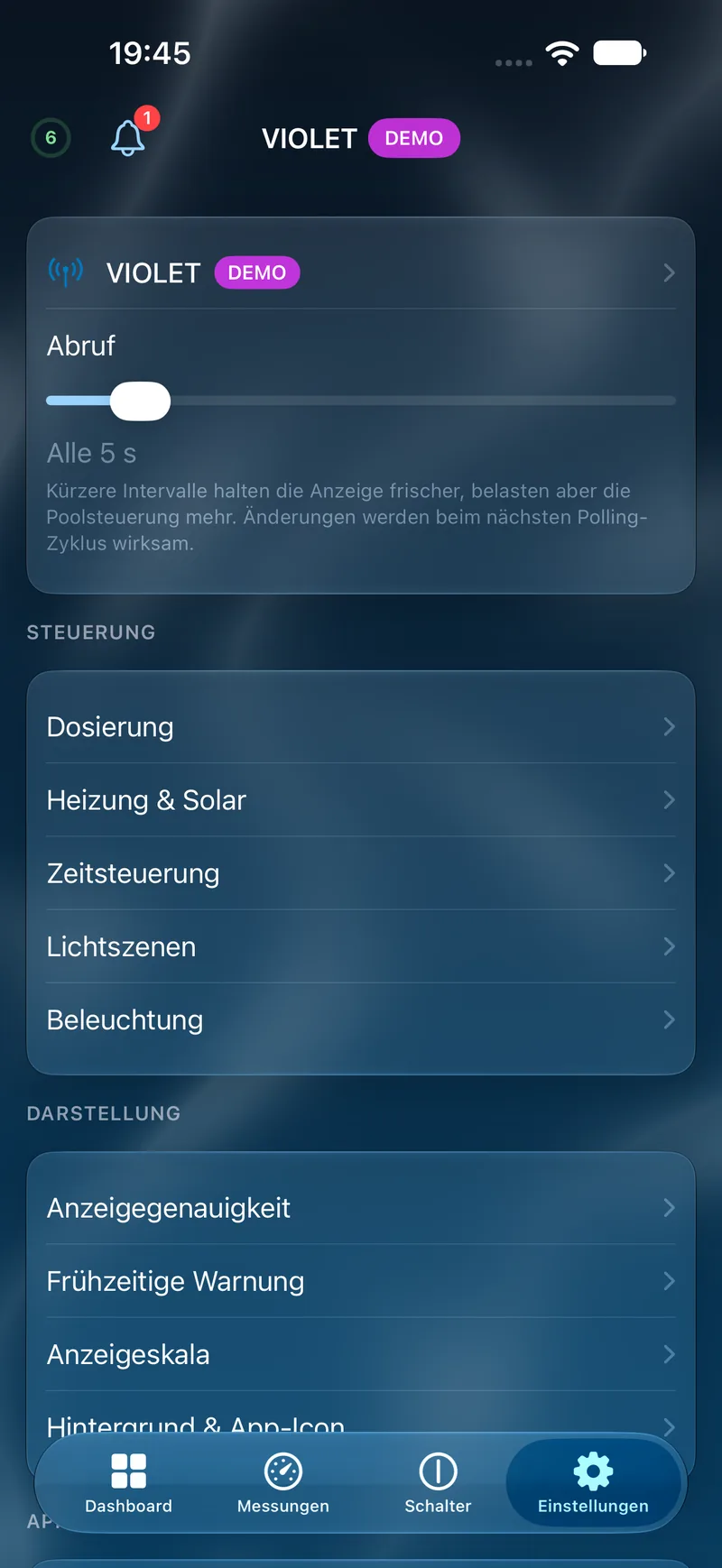 PoolPilot – Einstellungen (VIOLET) auf iOS