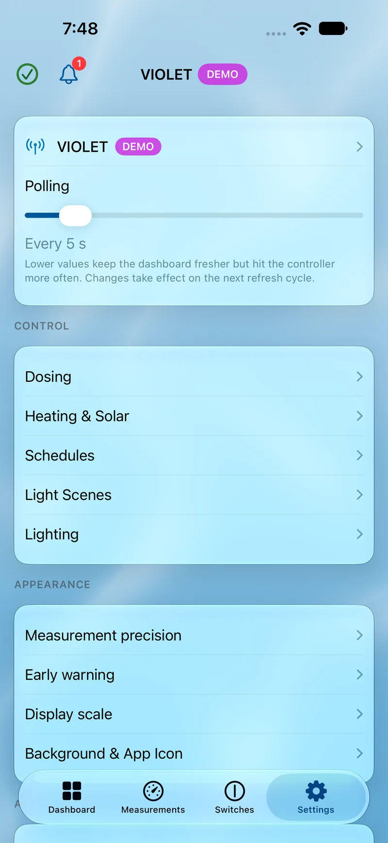 PoolPilot — Settings (VIOLET) on iOS