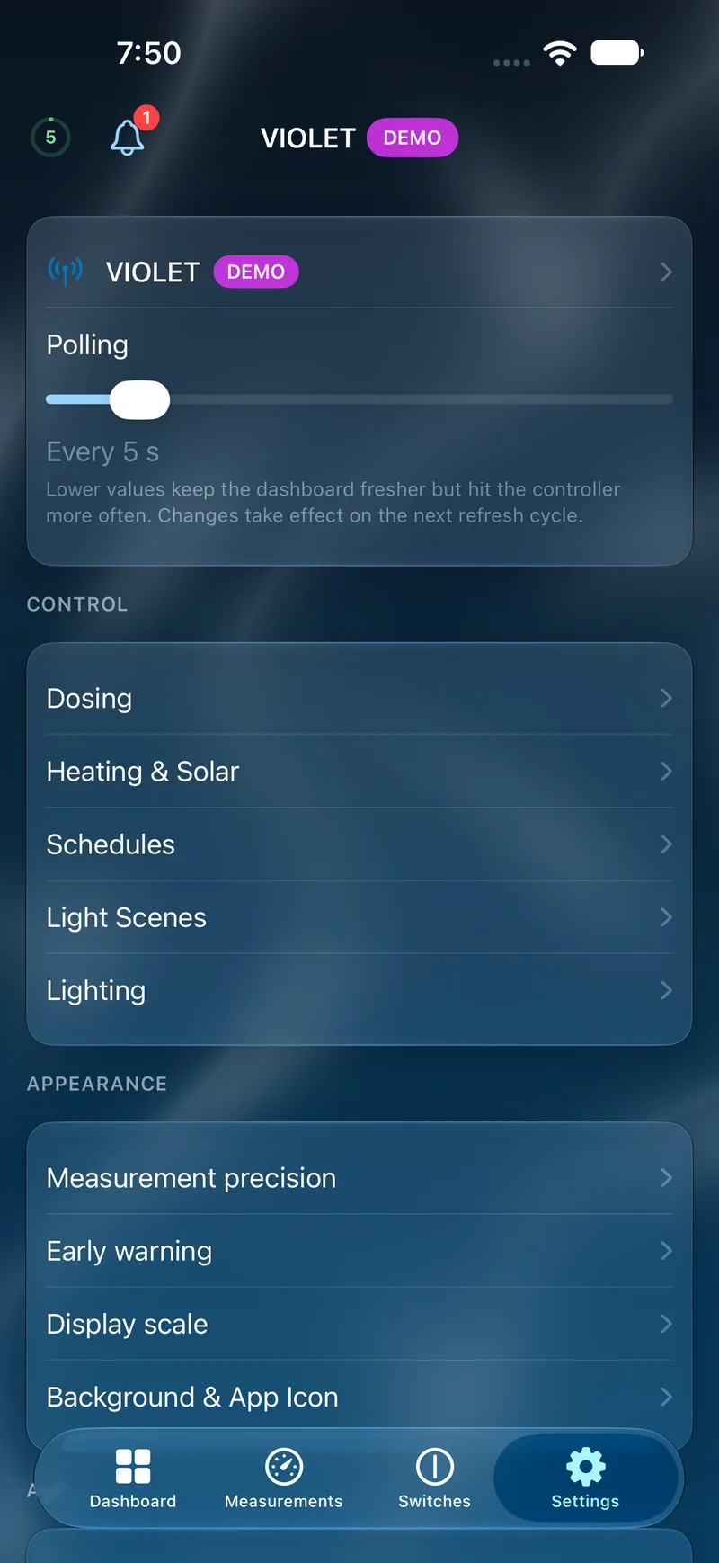 PoolPilot — Settings (VIOLET) on iOS