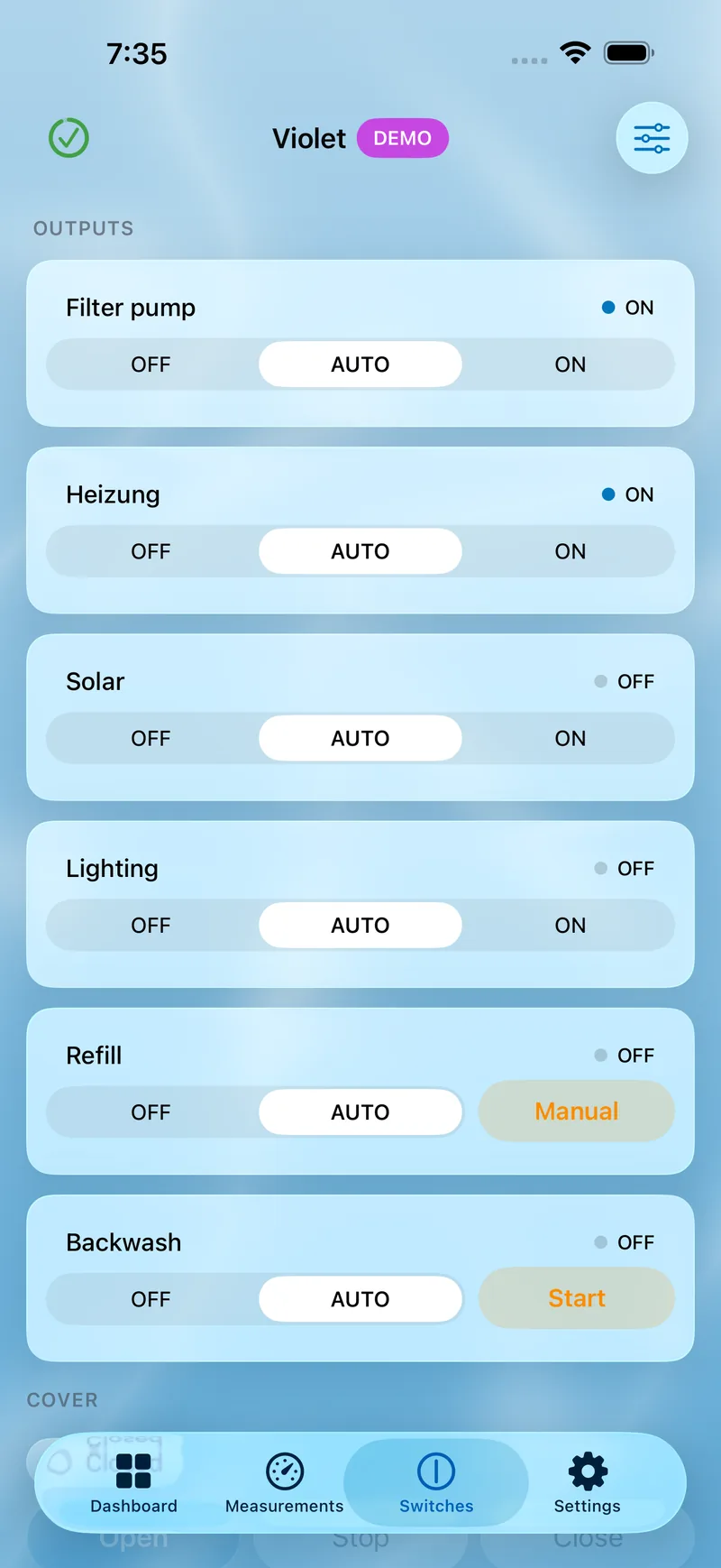 PoolPilot — Switches (VIOLET) on iOS