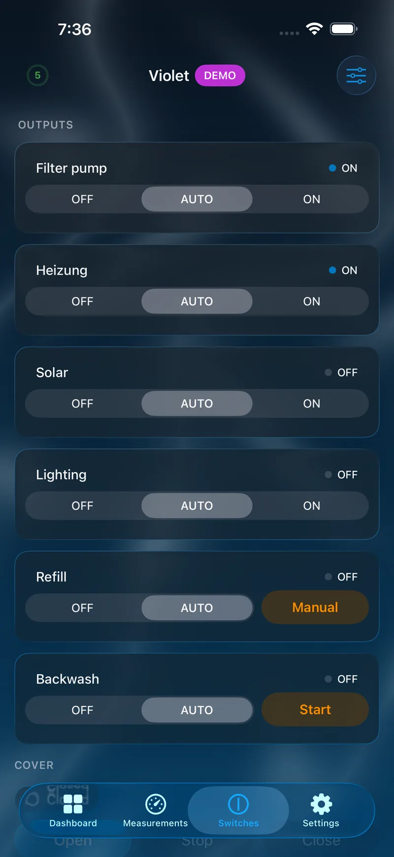 PoolPilot — Switches (VIOLET) on iOS