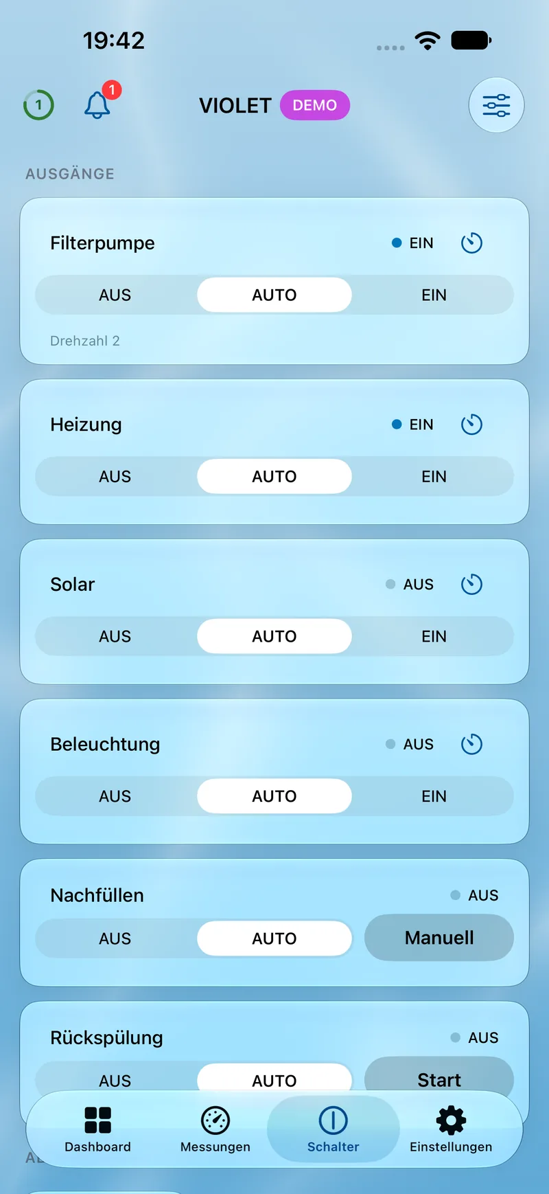 PoolPilot – Schalter (VIOLET) auf iOS