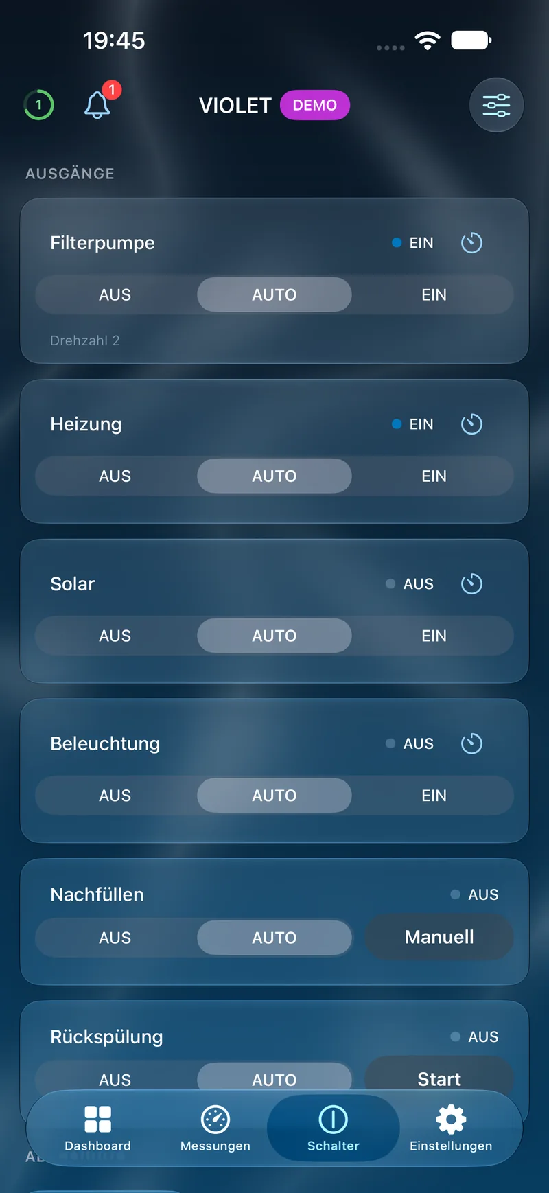 PoolPilot – Schalter (VIOLET) auf iOS