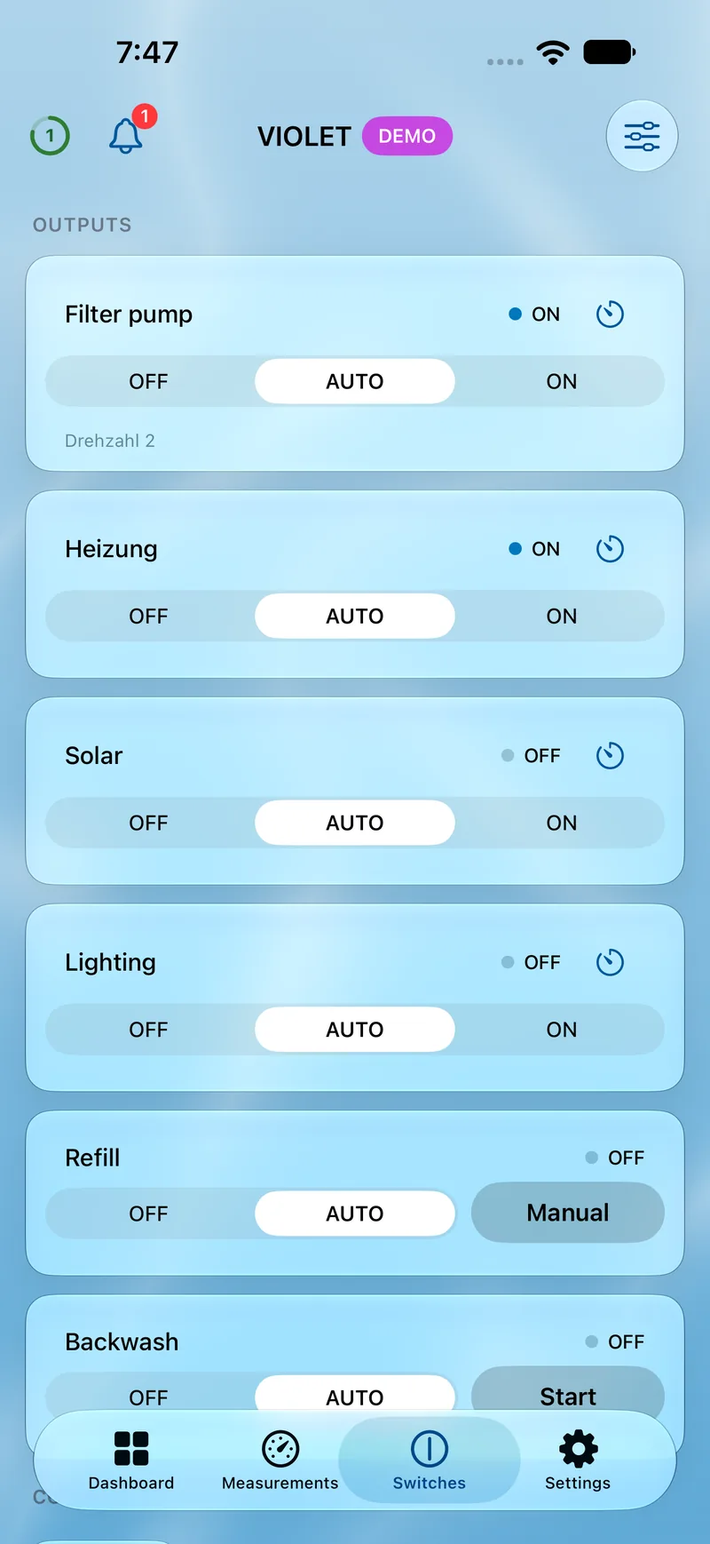 PoolPilot — Switches (VIOLET) on iOS