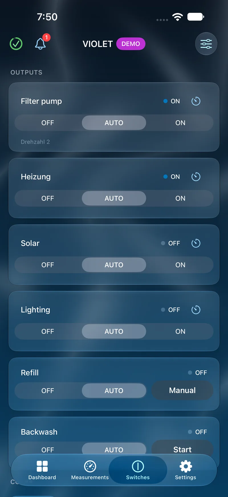 PoolPilot — Switches (VIOLET) on iOS