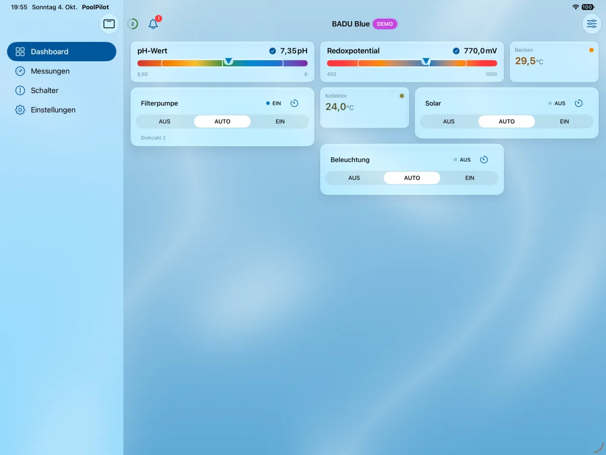 PoolPilot – Dashboard (BADU Blue) auf iPad
