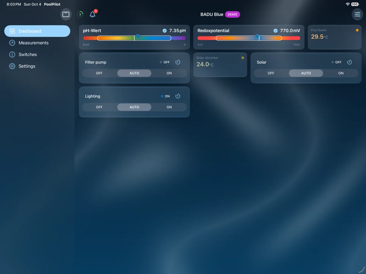 PoolPilot — Dashboard (BADU Blue) on iPad
