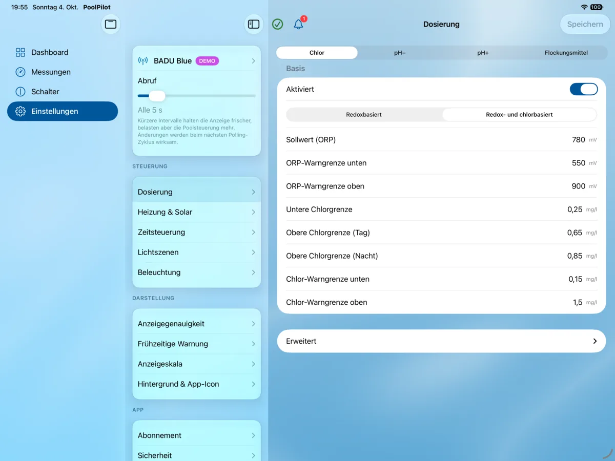 PoolPilot – Einstellungen (BADU Blue) auf iPad