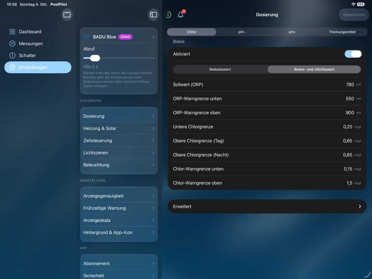 PoolPilot – Einstellungen (BADU Blue) auf iPad