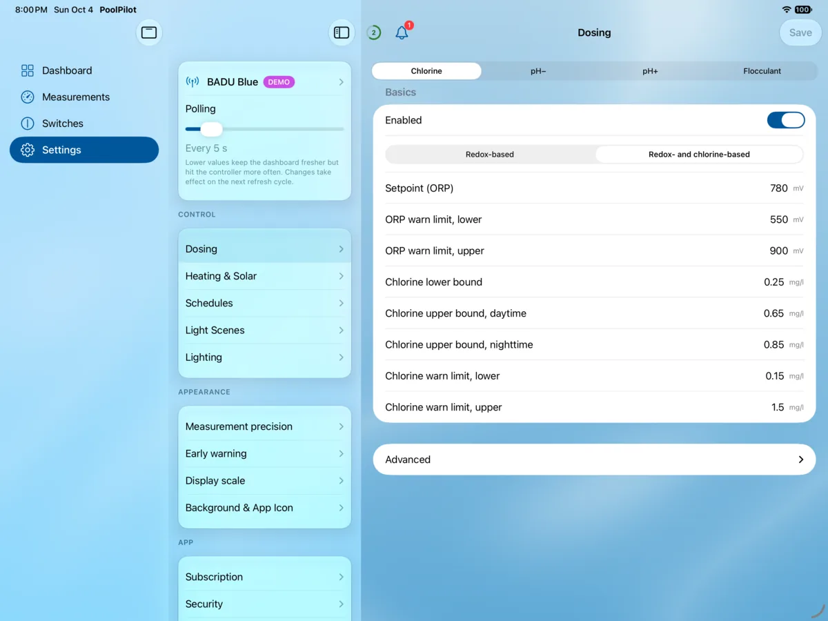 PoolPilot — Settings (BADU Blue) on iPad