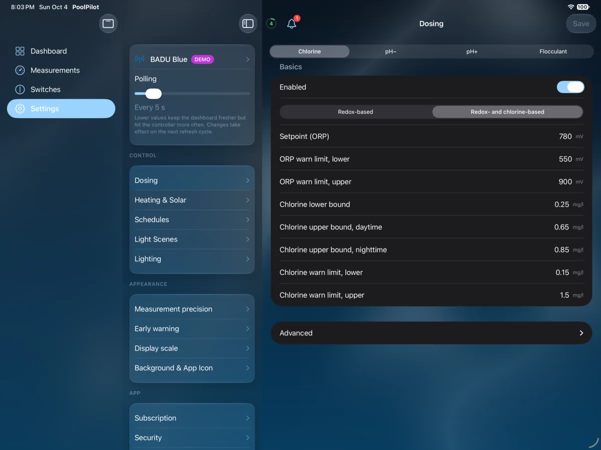 PoolPilot — Settings (BADU Blue) on iPad
