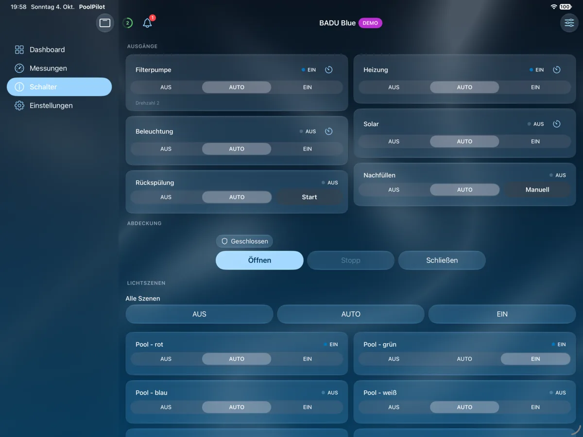 PoolPilot – Schalter (BADU Blue) auf iPad