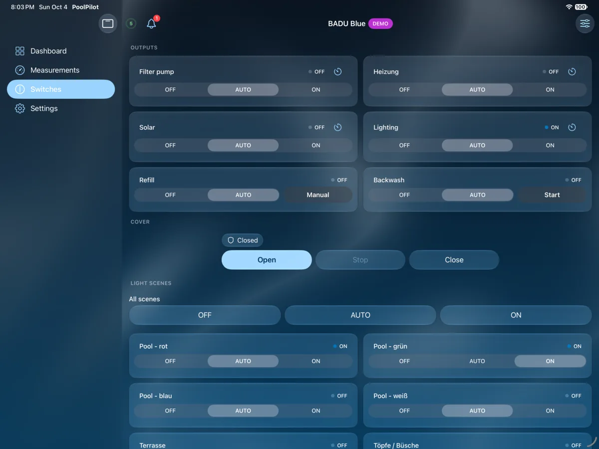 PoolPilot — Switches (BADU Blue) on iPad
