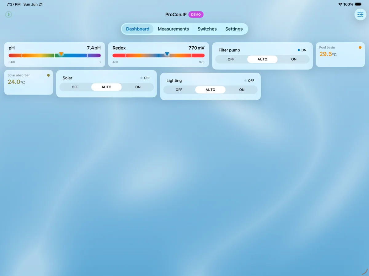 PoolPilot — Dashboard (ProCon.IP) on iPad