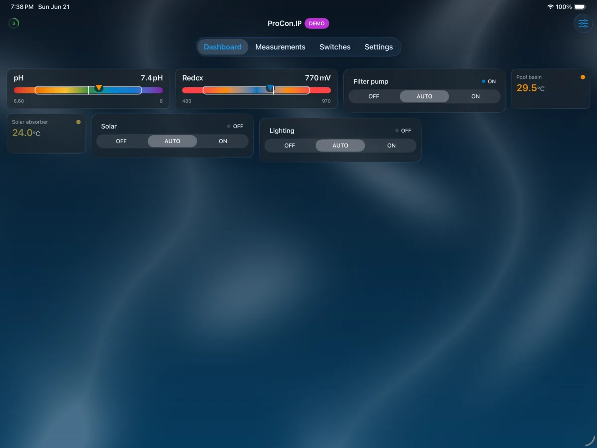 PoolPilot — Dashboard (ProCon.IP) on iPad