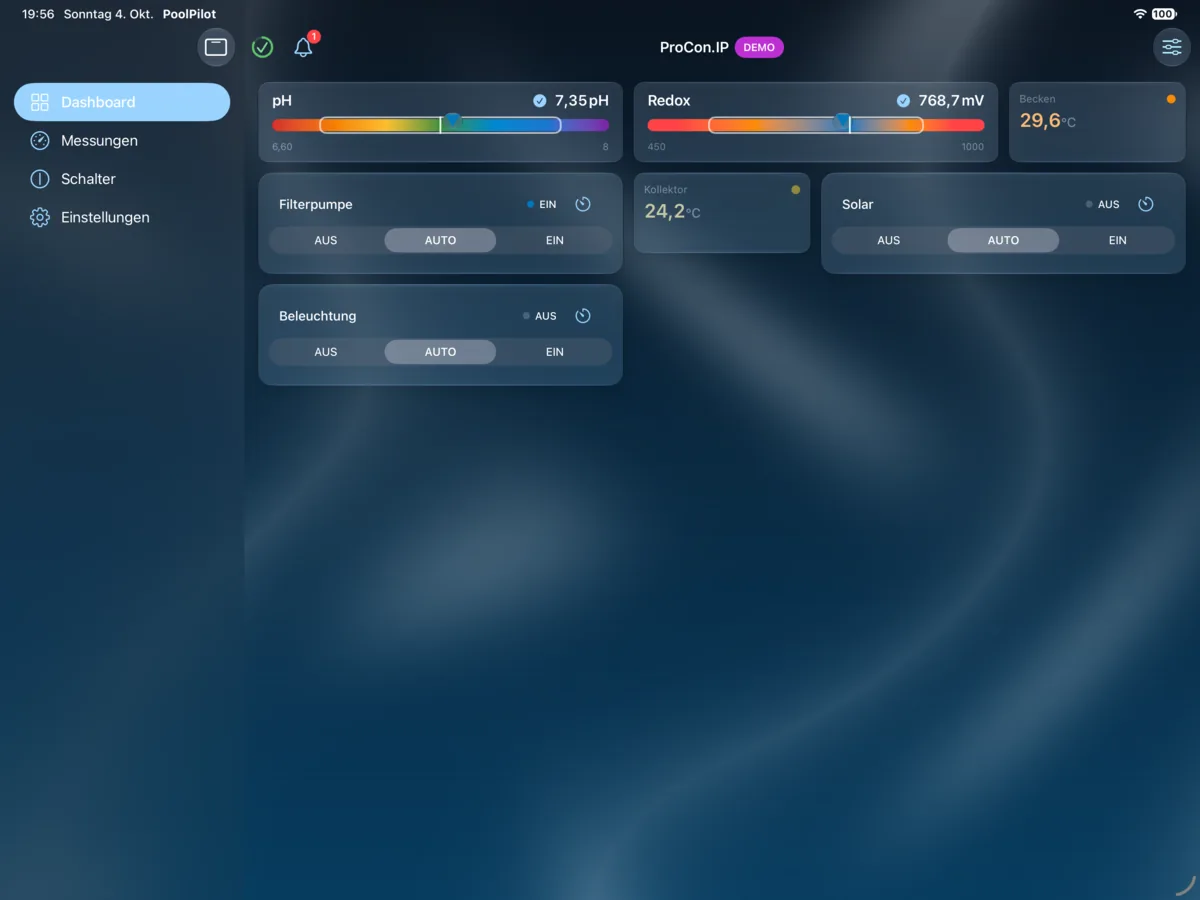 PoolPilot – Dashboard (ProCon.IP) auf iPad