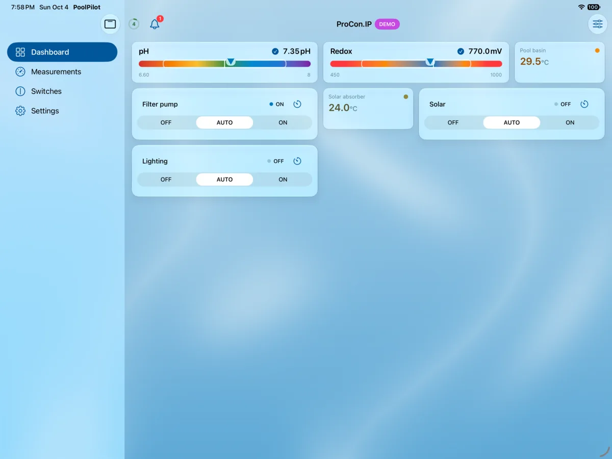 PoolPilot — Dashboard (ProCon.IP) on iPad
