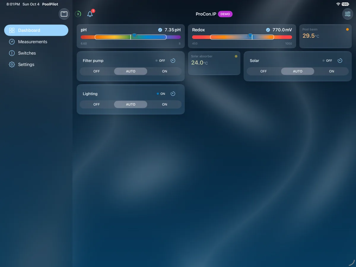 PoolPilot — Dashboard (ProCon.IP) on iPad