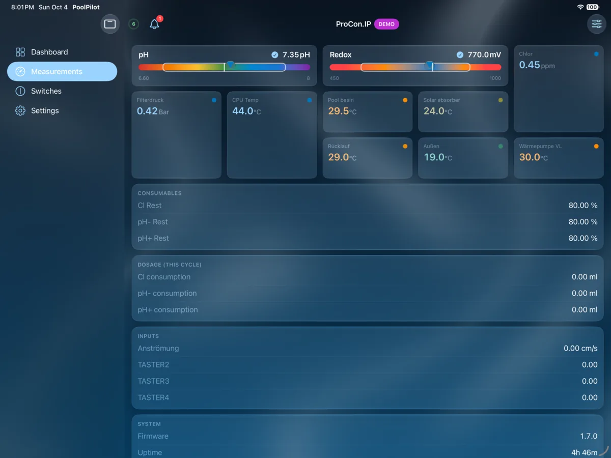 PoolPilot — Measurements (ProCon.IP) on iPad