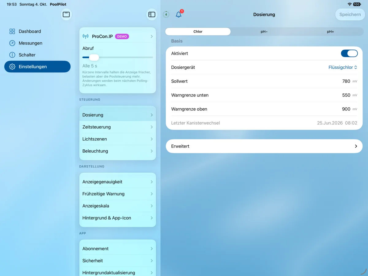 PoolPilot – Einstellungen (ProCon.IP) auf iPad