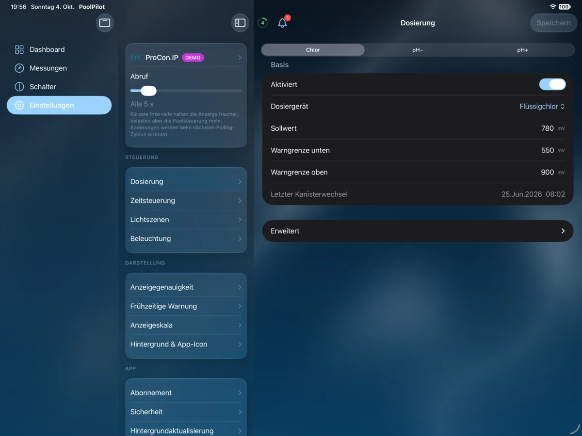 PoolPilot – Einstellungen (ProCon.IP) auf iPad
