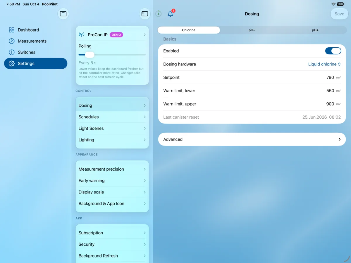 PoolPilot — Settings (ProCon.IP) on iPad