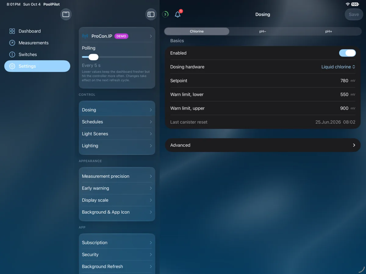 PoolPilot — Settings (ProCon.IP) on iPad