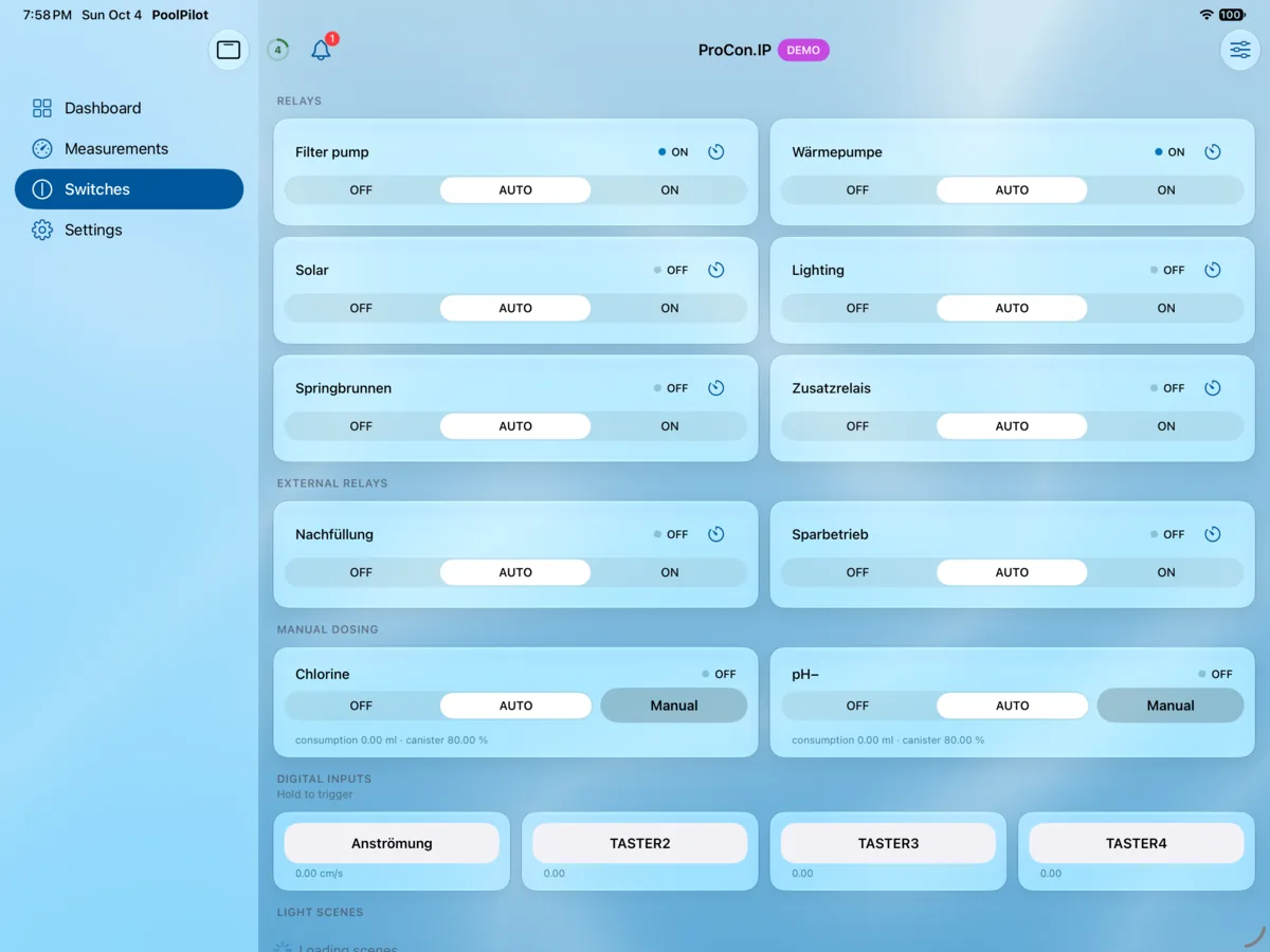PoolPilot — Switches (ProCon.IP) on iPad