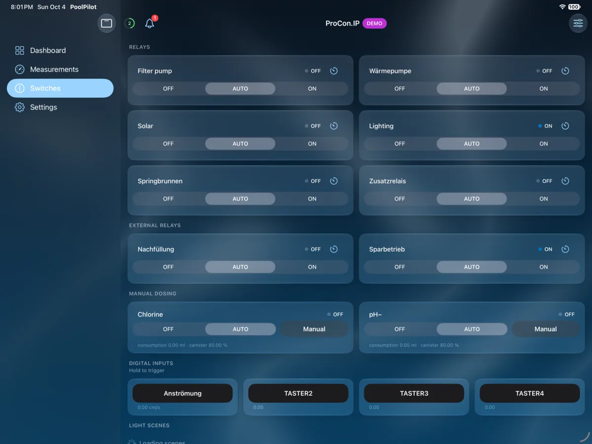 PoolPilot — Switches (ProCon.IP) on iPad