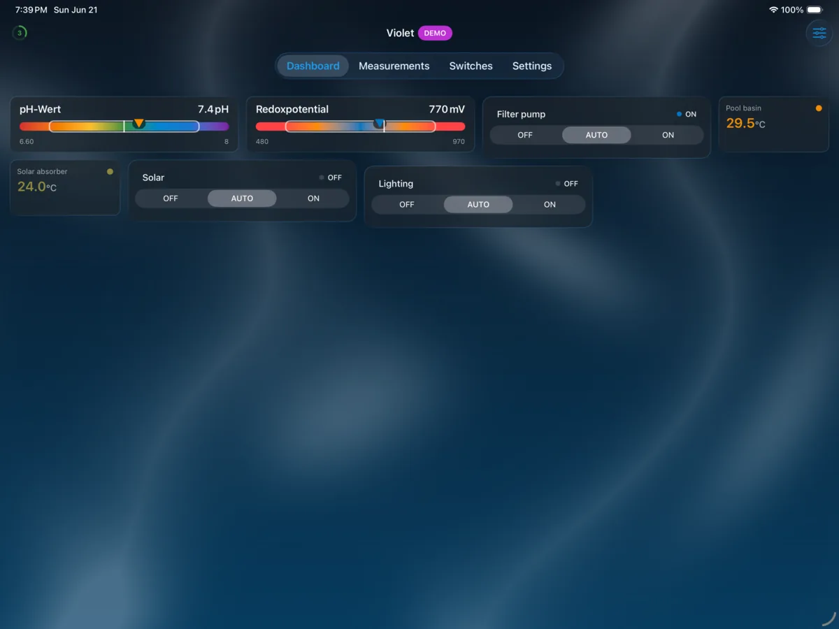 PoolPilot — Dashboard (VIOLET) on iPad