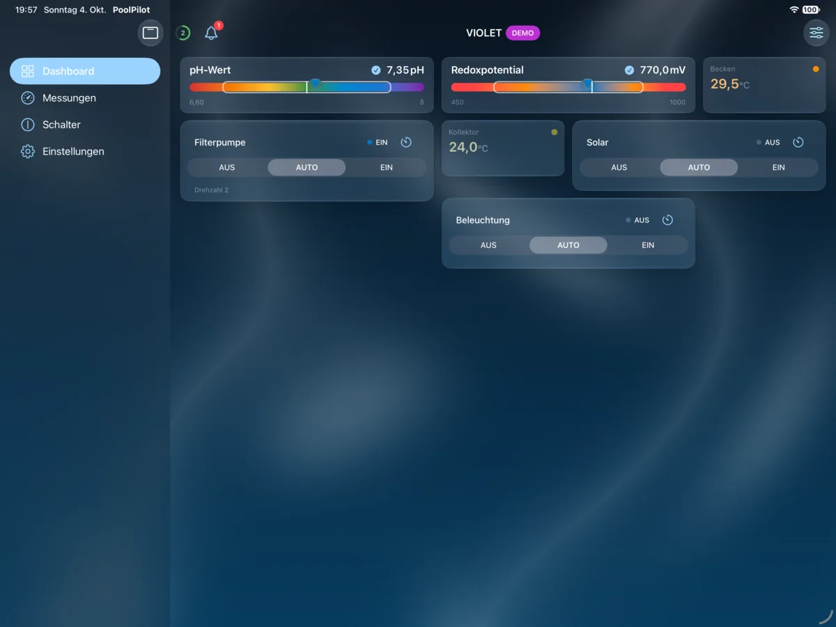 PoolPilot – Dashboard (VIOLET) auf iPad