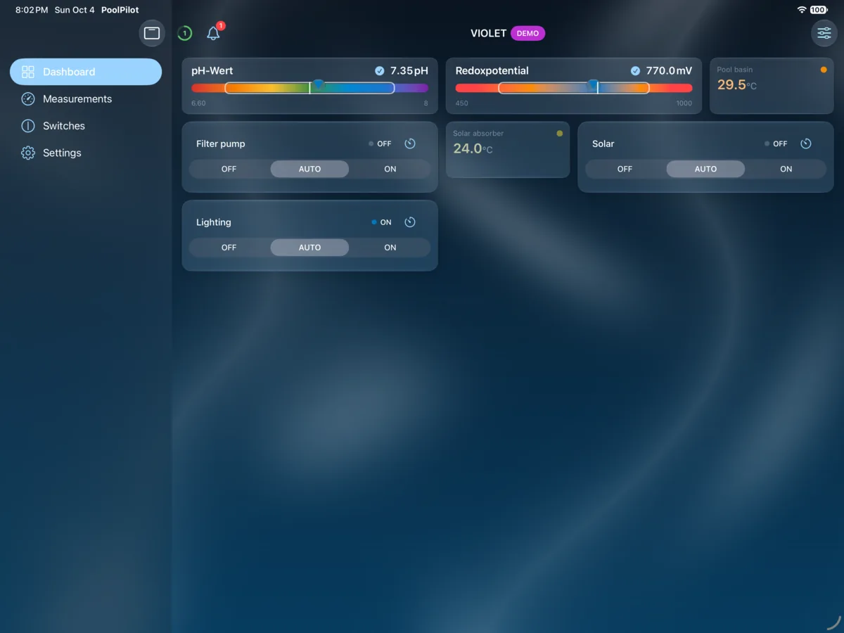 PoolPilot — Dashboard (VIOLET) on iPad