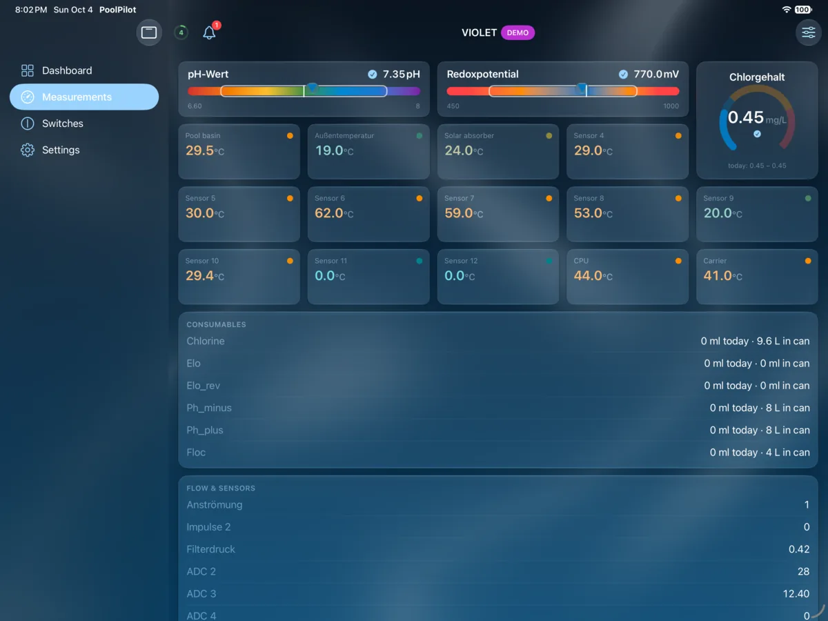 PoolPilot — Measurements (VIOLET) on iPad