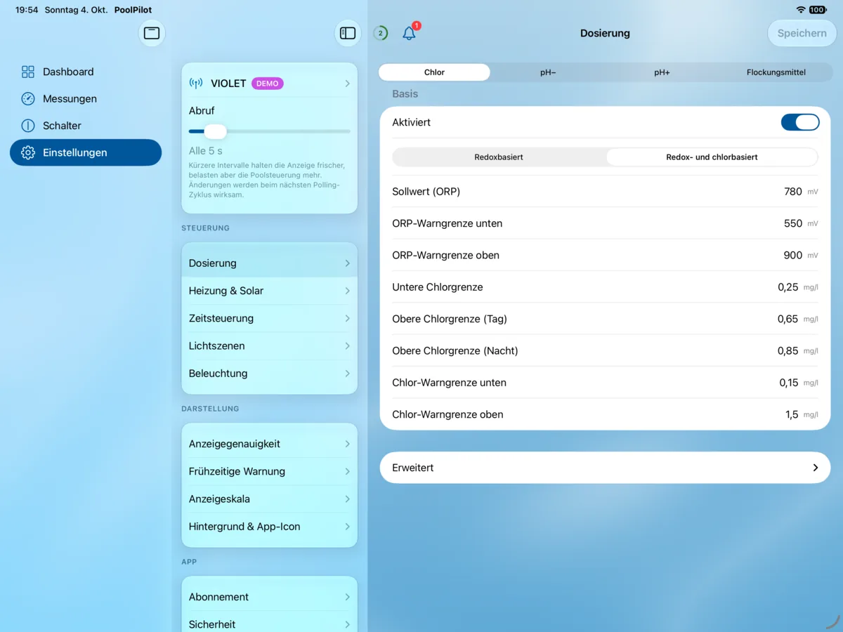 PoolPilot – Einstellungen (VIOLET) auf iPad