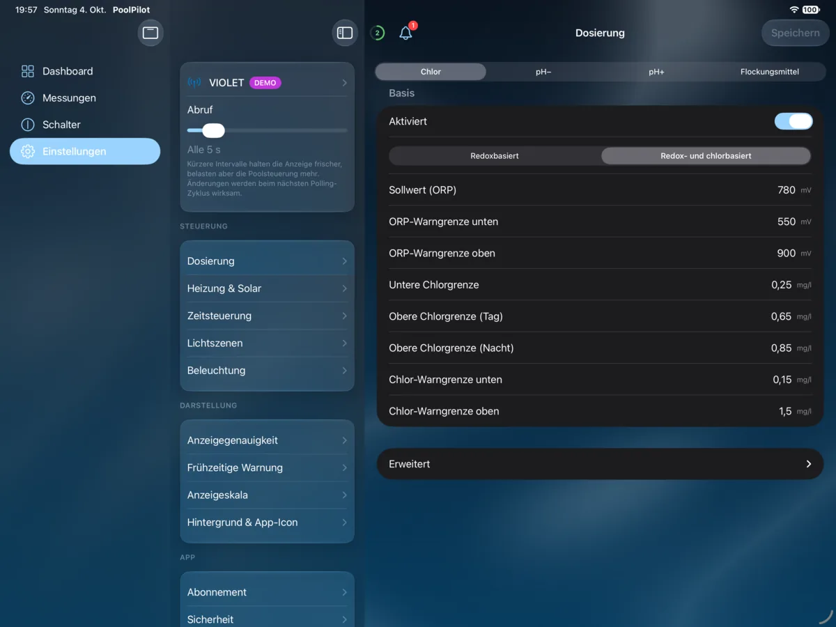 PoolPilot – Einstellungen (VIOLET) auf iPad