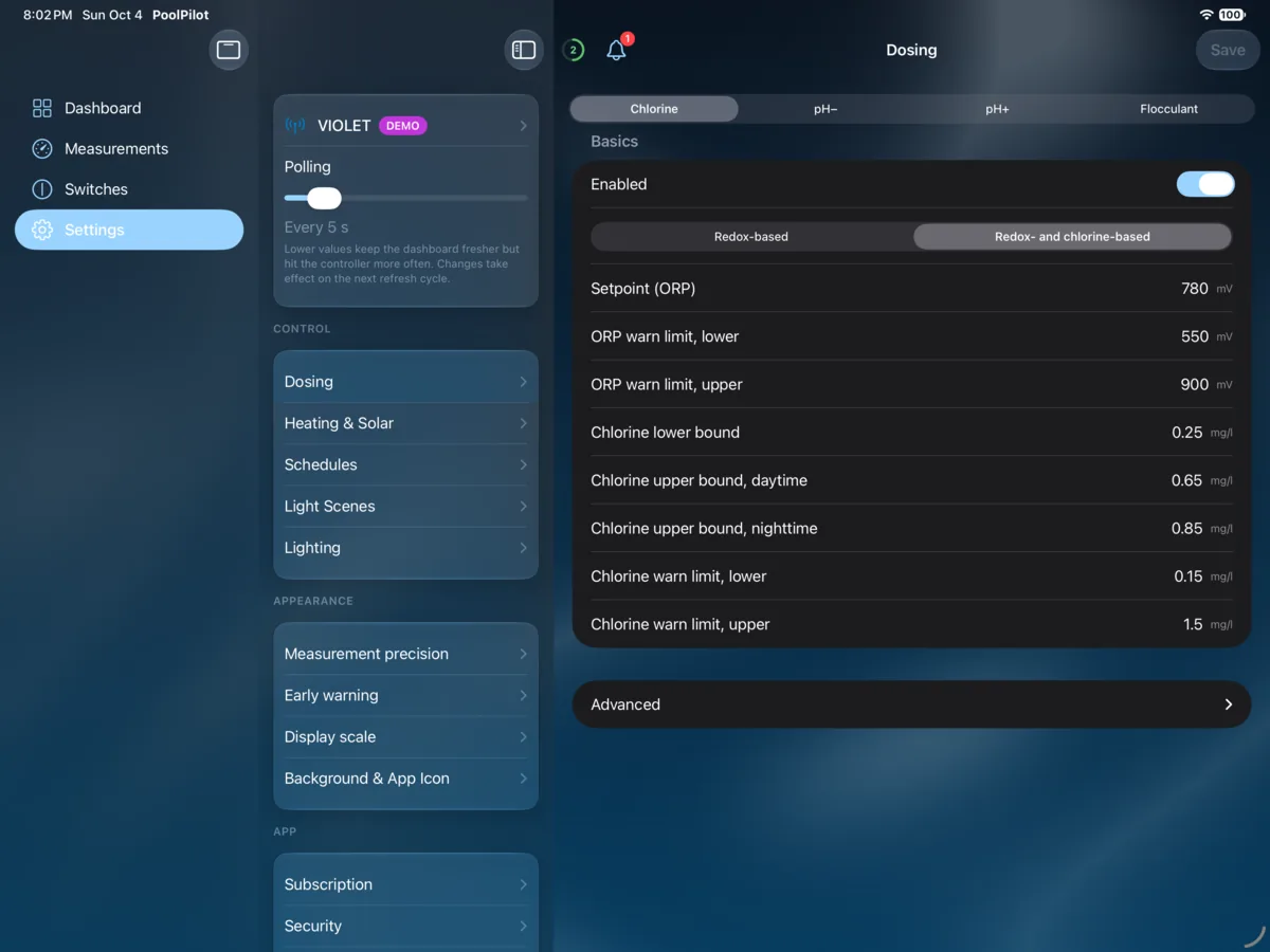 PoolPilot — Settings (VIOLET) on iPad