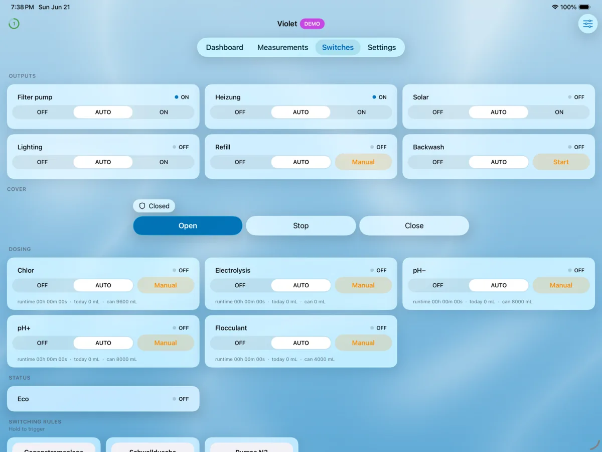 PoolPilot — Switches (VIOLET) on iPad