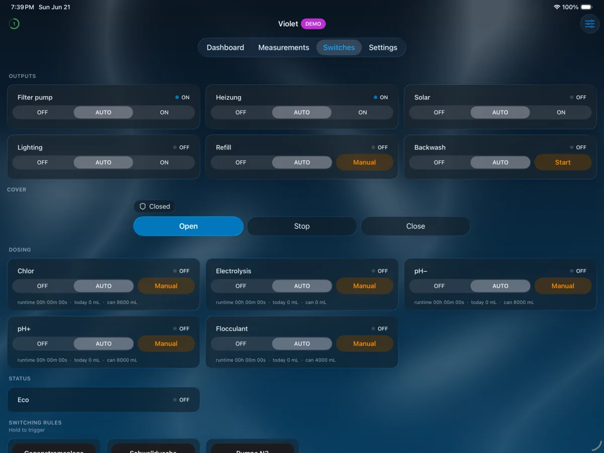 PoolPilot — Switches (VIOLET) on iPad