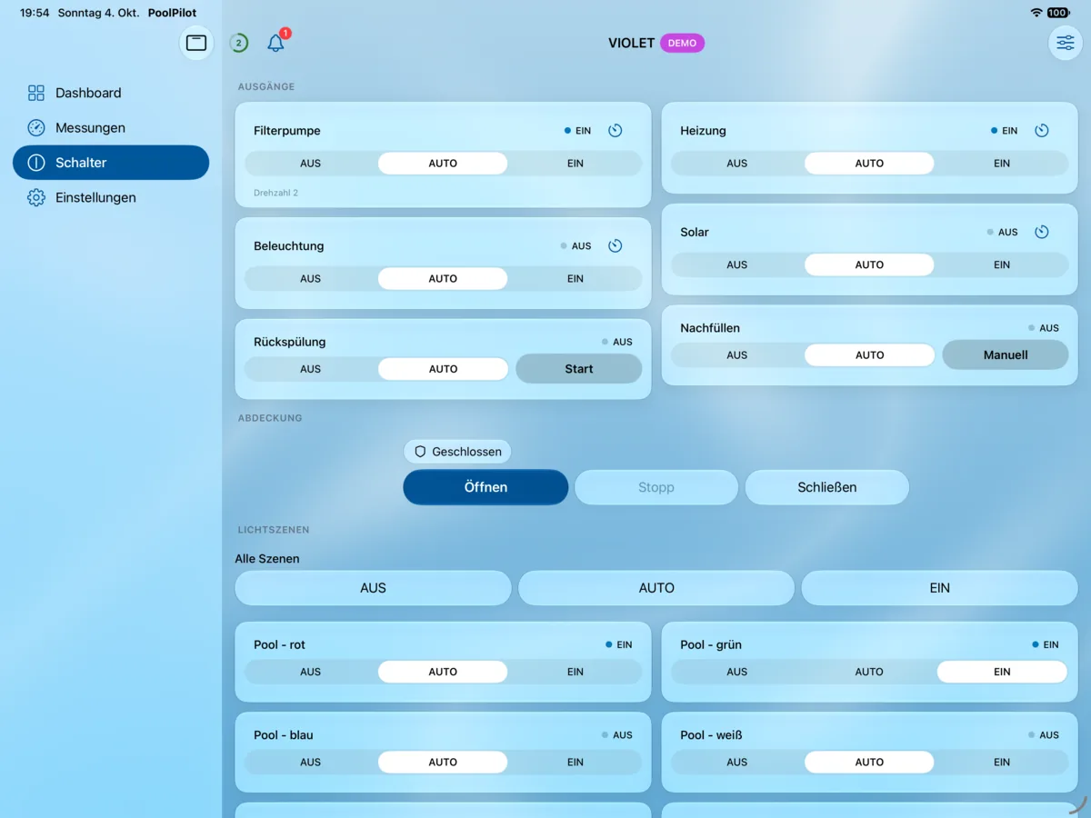 PoolPilot – Schalter (VIOLET) auf iPad