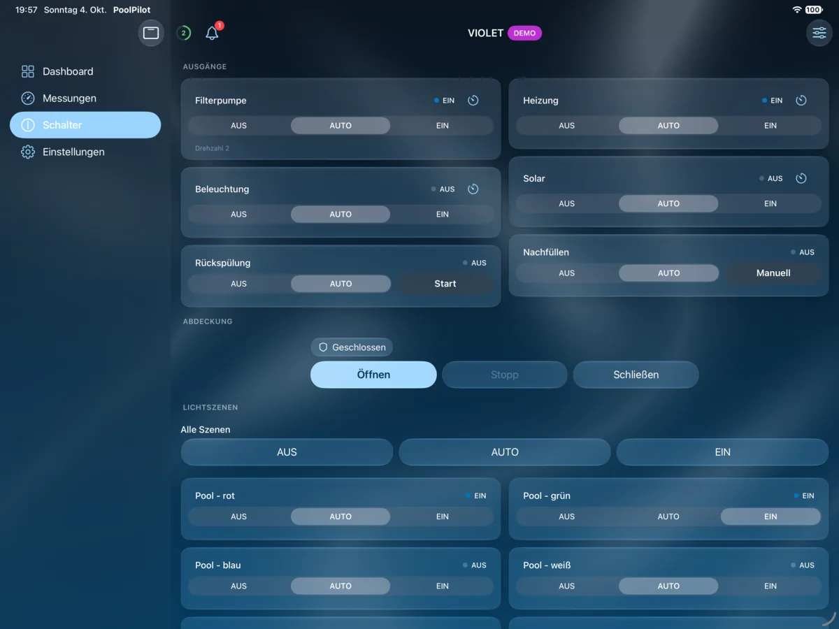 PoolPilot – Schalter (VIOLET) auf iPad