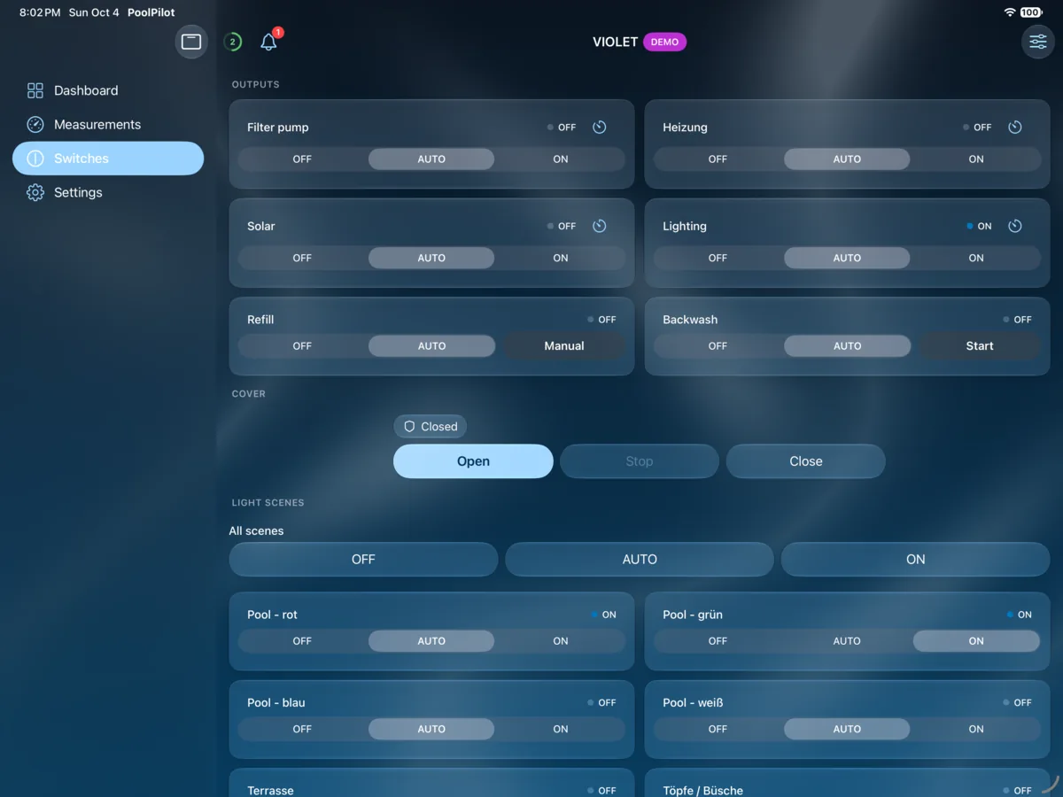 PoolPilot — Switches (VIOLET) on iPad