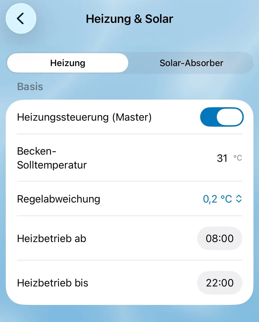 Heizungs- und Solarsteuerung in PoolPilot: Soll-Pooltemperatur und Heizzeiten.