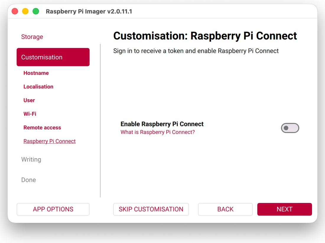 Imager settings, “Raspberry Pi Connect”: the feature is switched off.