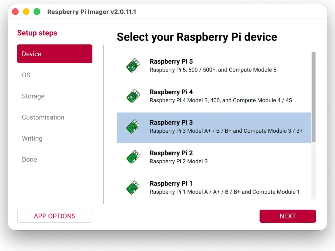 Raspberry Pi Imager, “Choose device” screen: a list of Pi models with “Raspberry Pi 3” highlighted.