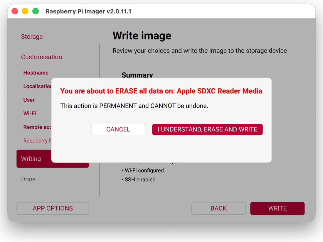 Imager warning: “You are about to ERASE all data” with “Cancel” and “I understand, erase and write”.