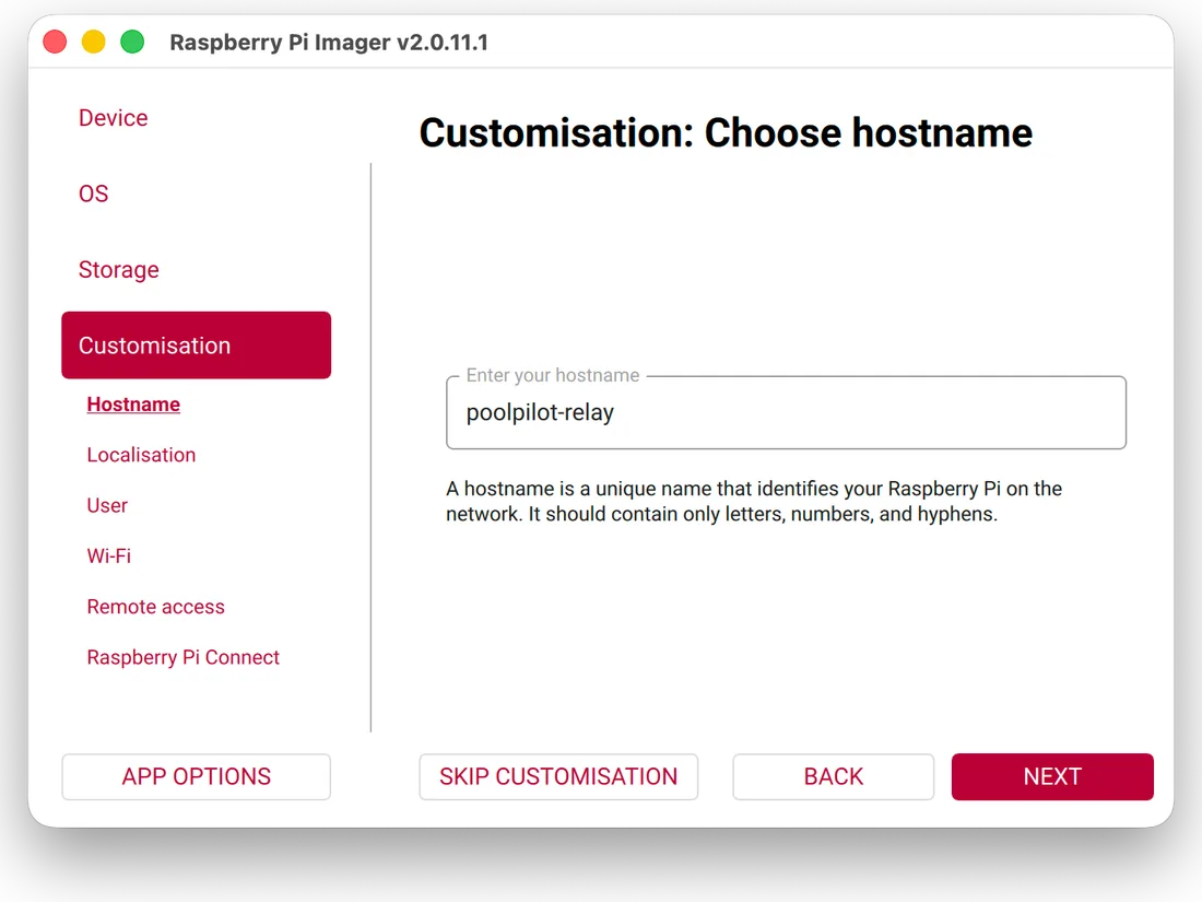 Imager settings, “Hostname”: the field contains “poolpilot-relay”.